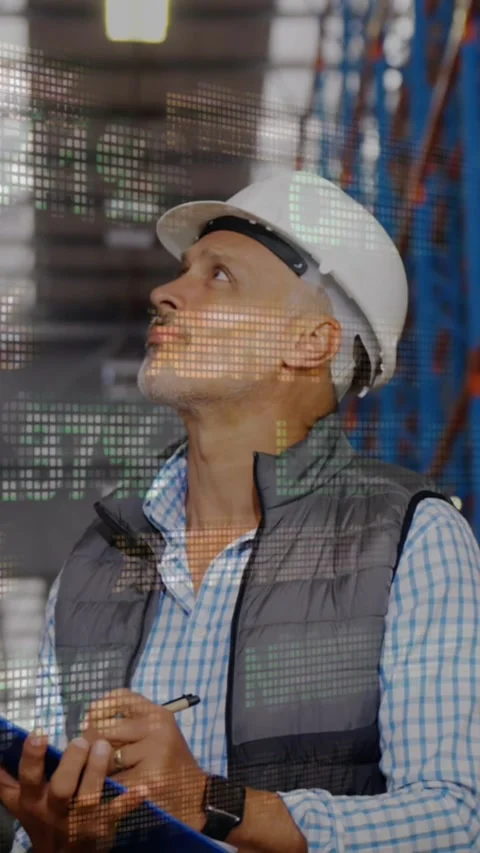 Animation of data processing over caucasian male worker in warehouse Stock Footage 344782975