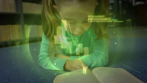 Animation of data processing over caucasisn girl reading at school Stock Footage 329708729