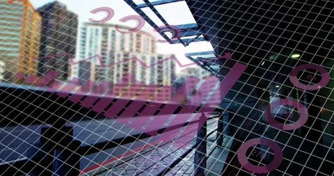 Animation of data processing over cityscape and train platform Stock Footage 329760808