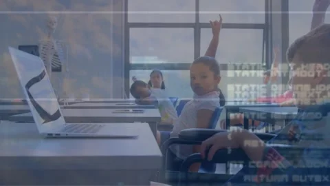 Animation of data processing over class of diverse pupils uisng laptop at school Stock Footage 330402356