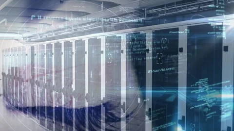 Animation of data processing over close of female eye against computer server Stock Footage 328714463