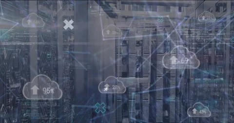 Animation of data processing over cloud icons with percents and server room Stock Footage 327004367