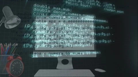 Animation of data processing over computer screen, lamp, crayons and clock on Stock Footage 327360446