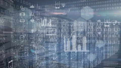 Animation of data processing over computer servers in background Видео 330343638