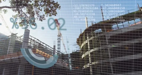 Animation of data processing over construction site Stock Footage 329614757