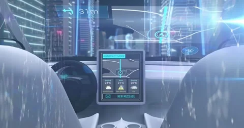 Animation of data processing over dashboard in self drive car Stock Footage 330478181