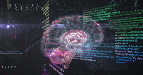Animation of data processing over digital brain and network of connections on Stock Footage 310437590