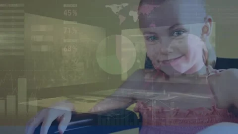 Animation of data processing over disabled caucasian schoolgirl sitting in Stock Footage 326038760