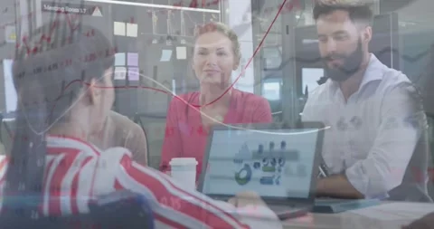Animation of data processing over disabled caucasian woman with diverse business Stock Footage 328160150