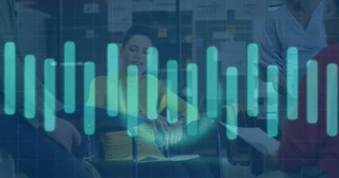 Animation of data processing over disabled woman talking to her colleagues at Stock Footage 330478981