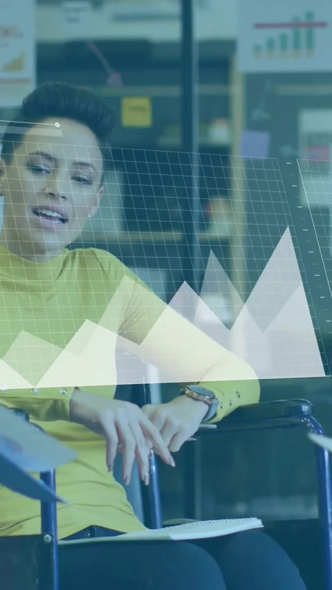 Animation of data processing over disabled woman discussing with colleagues at Stock-Footage 344723554