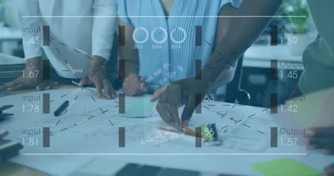 Animation of data processing over diverse business people with documents in Stock Footage 201409683