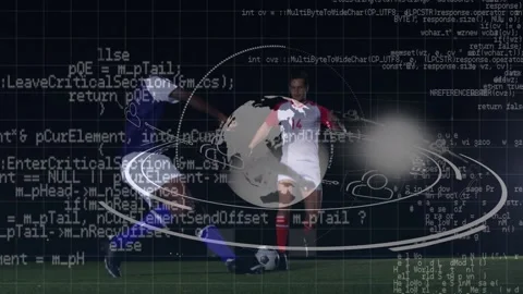 Animation of data processing over diverse football players and scope scanning Stock Footage 201682853