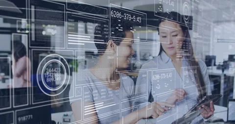 Animation of data processing over diverse business people in office 스톡 동영상 220941174