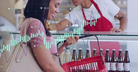 Animation of data processing over diverse shop assistant and customer shopping Stock Footage 229195851