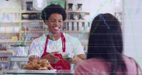 Animation of data processing over diverse shop assistant and customer shopping Stock Footage 229195968