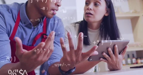 Animation of data processing over diverse shop assistant and customer talking Stock Footage 229196022