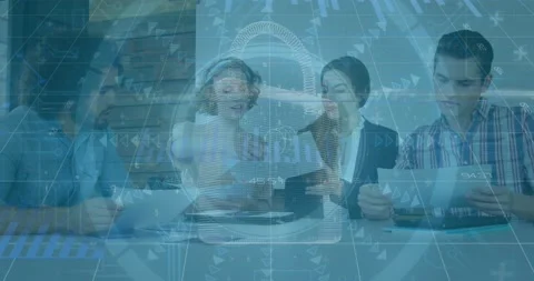 Animation of data processing over diverse colleagues with documents discussing Stock Footage 229830080