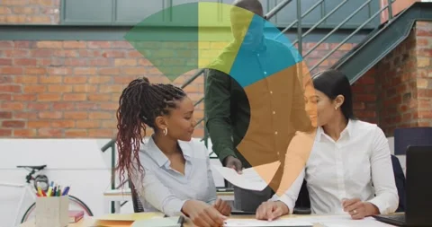 Animation of data processing over diverse man giving a document to two female Stock Footage 255106479