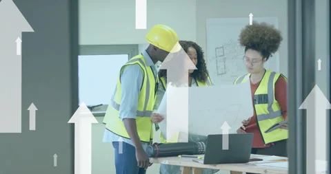 Animation of data processing over diverse engineers in hi vis vests Stock Footage 260920654