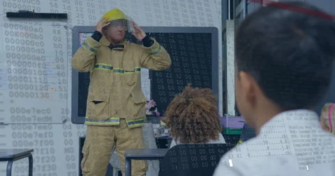 Animation of data processing over diverse fireman and schoolchildren in class Stock Footage 307470967