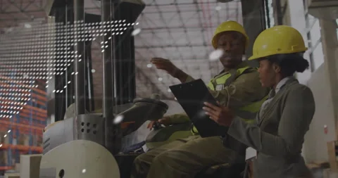Animation of data processing over diverse people working in warehouse Stock Footage 308056675