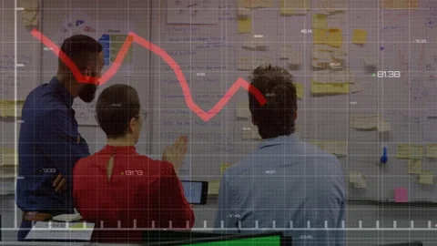 Animation of data processing over diverse business people working in office Stock Footage 308686904