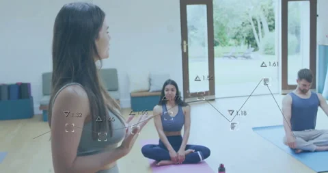 Animation of data processing over diverse people practicing yoga Stock Footage 309168982
