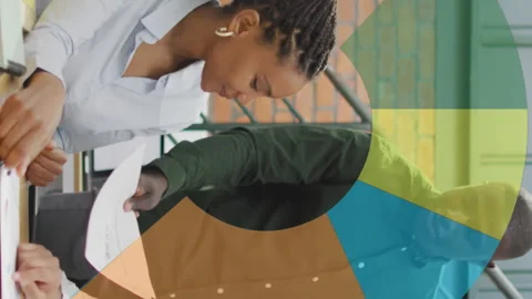 Animation of data processing over diverse man giving a document to two female Stock Footage 312875963