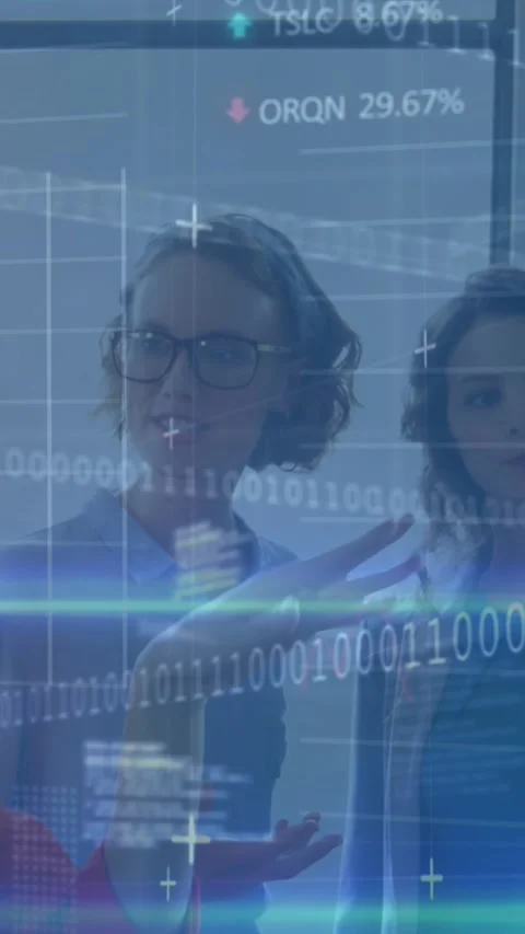 Animation of data processing over diverse female colleagues discussing over memo Stock Footage 320183386