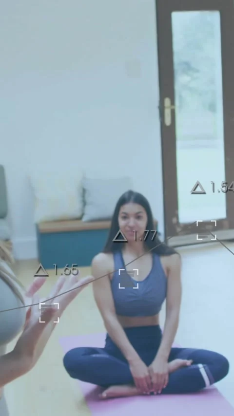 Animation of data processing over diverse people practicing yoga Stock Footage 320280047