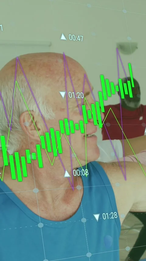 Animation of data processing over diverse group of seniors exercising Stock Footage 320759056