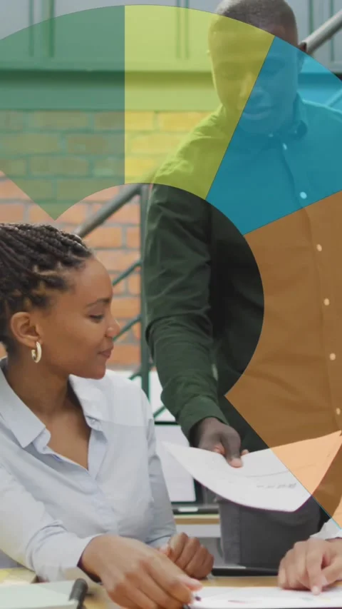 Animation of data processing over diverse man giving a document to two female 库存影片 320854641