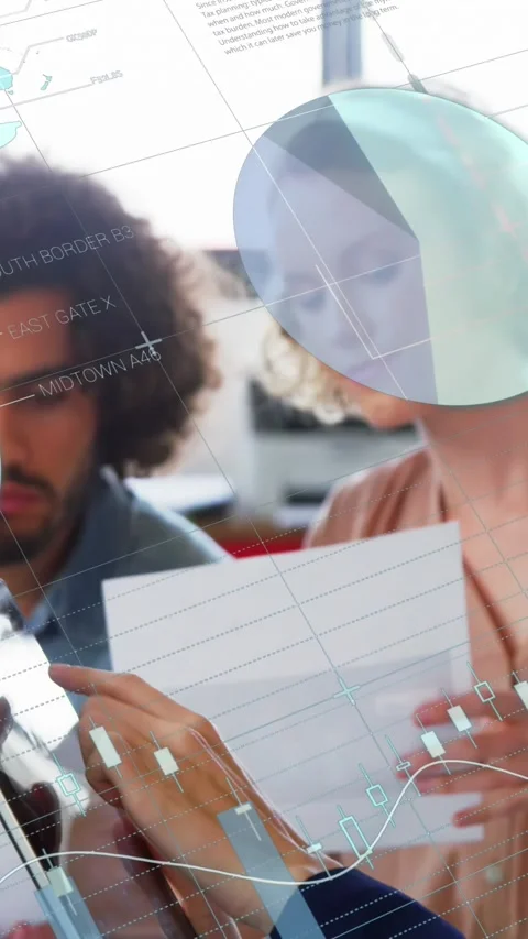 Animation of data processing over diverse man and woman discussing over a Stock Footage 320922177