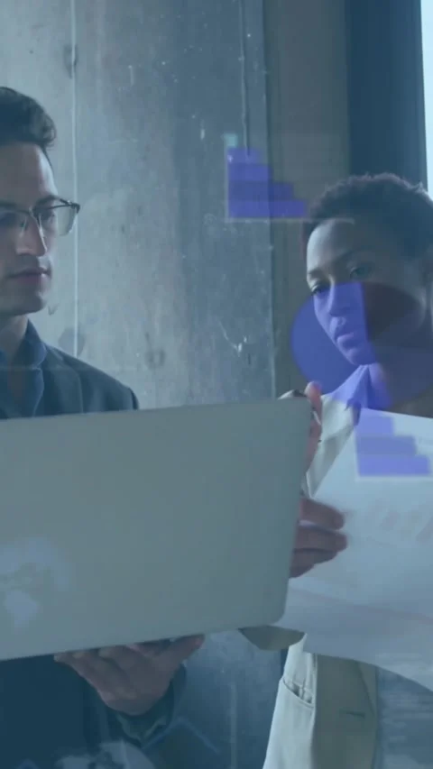 Animation of data processing over diverse business people in office Video stock 322034482