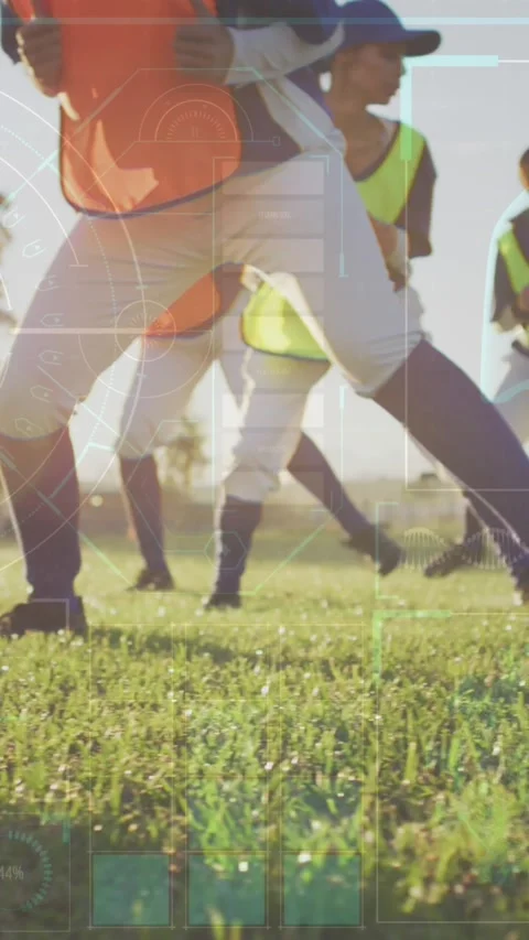 Animation of data processing over diverse female baseball players exercising Stock Footage 322560531