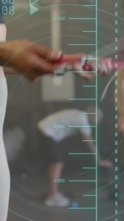 Animation of data processing over diverse woman and man jumping rope cross Stock Footage 323783025