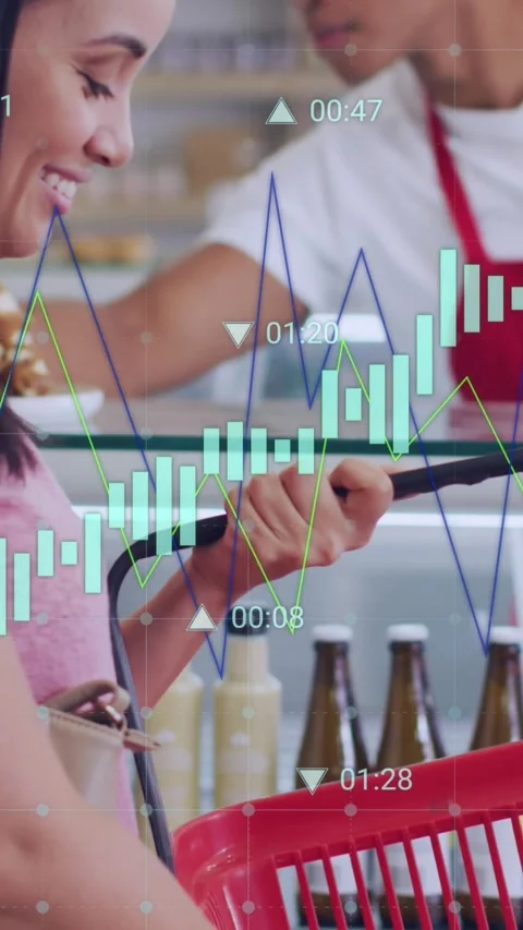 Animation of data processing over diverse shop assistant and customer shopping Stock Footage 323909638