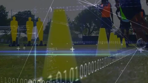 Animation of data processing over diverse male soccer players exercising Stock Footage 325770721