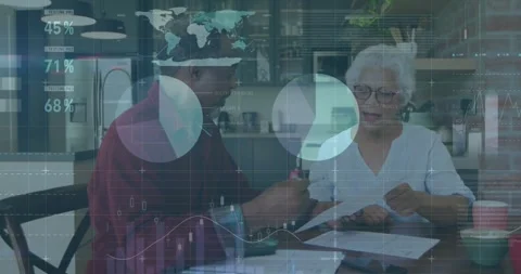 Animation of data processing over diverse senior couple holding documents Stock Footage 326100975