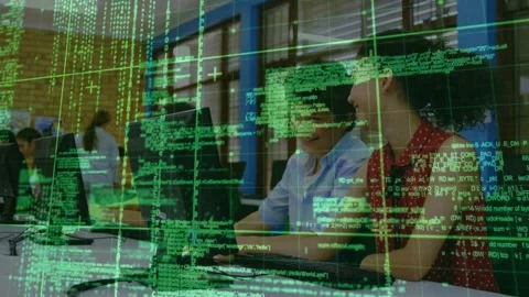 Animation of data processing over diverse students using computer Stock Footage 326297221