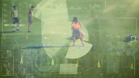 Animation of data processing over diverse male soccer players on sports field Stock Footage 326299247