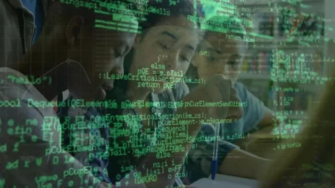 Animation of data processing over diverse students learning in library Stock Footage 326627618