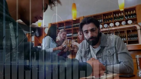 Animation of data processing over diverse friends in bar Stock Footage 326764175