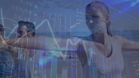 Animation of data processing over diverse people exercising at beach Stock Footage 327002845