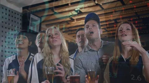 Animation of data processing over diverse friends in bar Stock Footage 327644560
