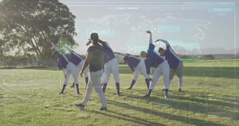 Animation of data processing over diverse female baseball players exercising Stock Footage 328004811