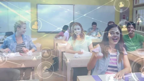 Animation of data processing over diverse students smiling and playing in Stock Footage 328014142
