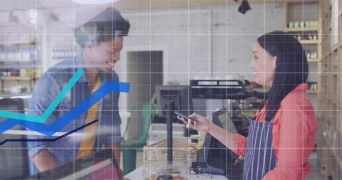 Animation of data processing over diverse shop assistant and customer shopping Stock Footage 328090424