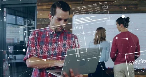 Animation of data processing over diverse colleagues working in office Stock Footage 328150770